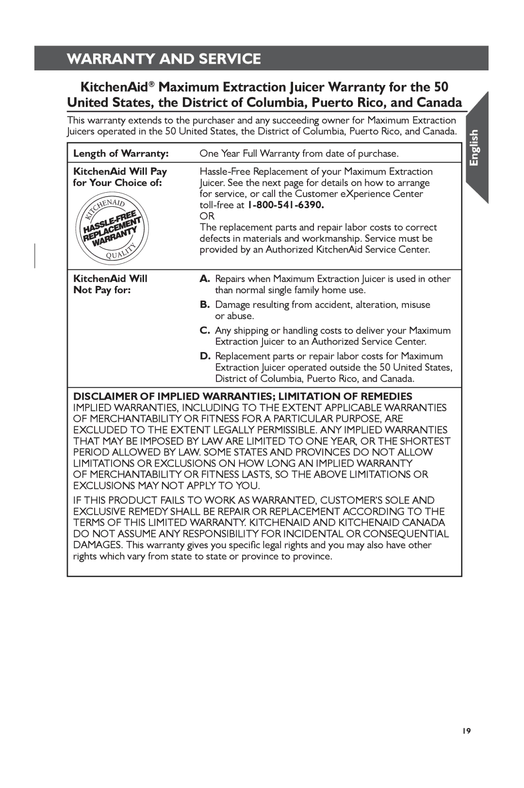 KitchenAid KVJ0111 manual Warranty and Service 