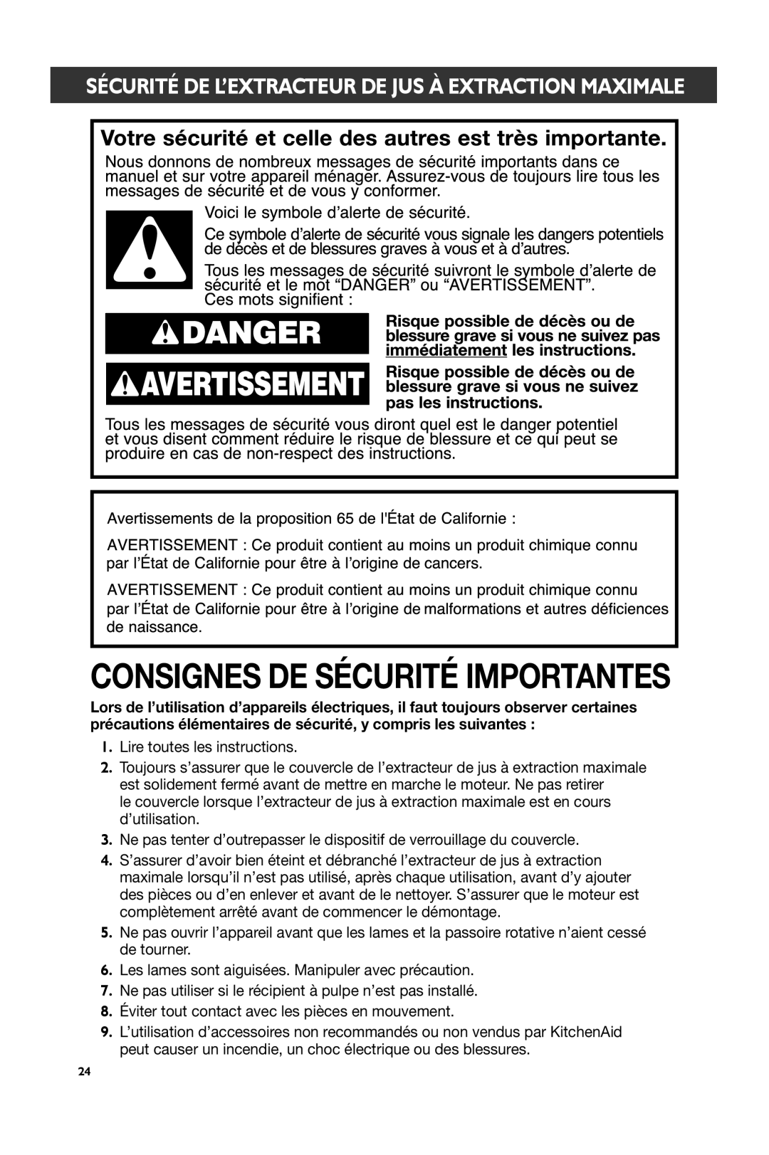 KitchenAid KVJ0111 manual Sécurité DE L’EXTRACTEUR DE JUS À Extraction Maximale, Lire toutes les instructions 