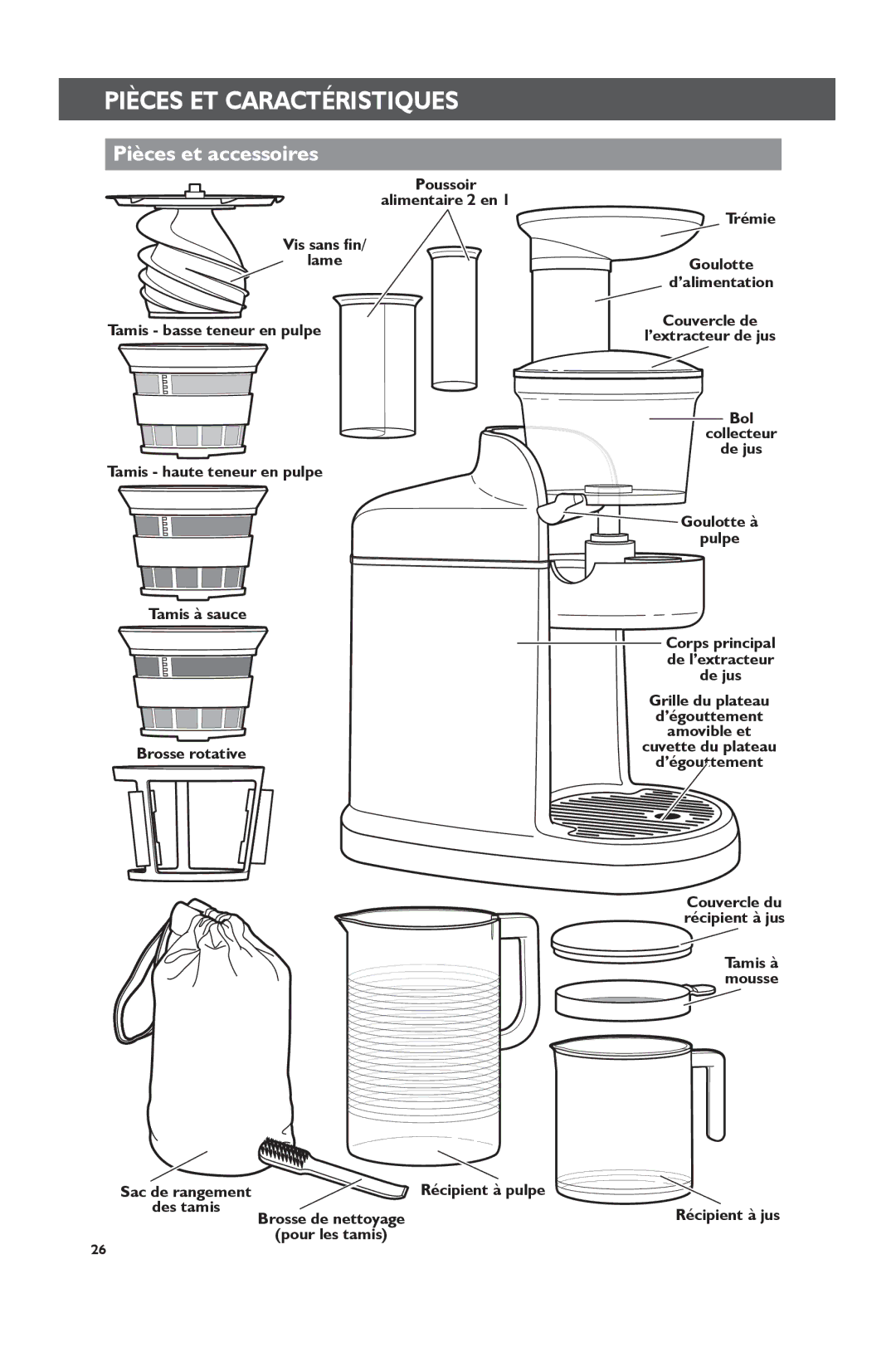 KitchenAid KVJ0111 manual Pièces ET Caractéristiques, Pièces et accessoires 