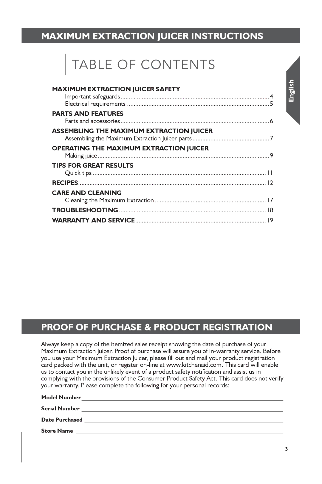 KitchenAid KVJ0111 manual Table of Contents 