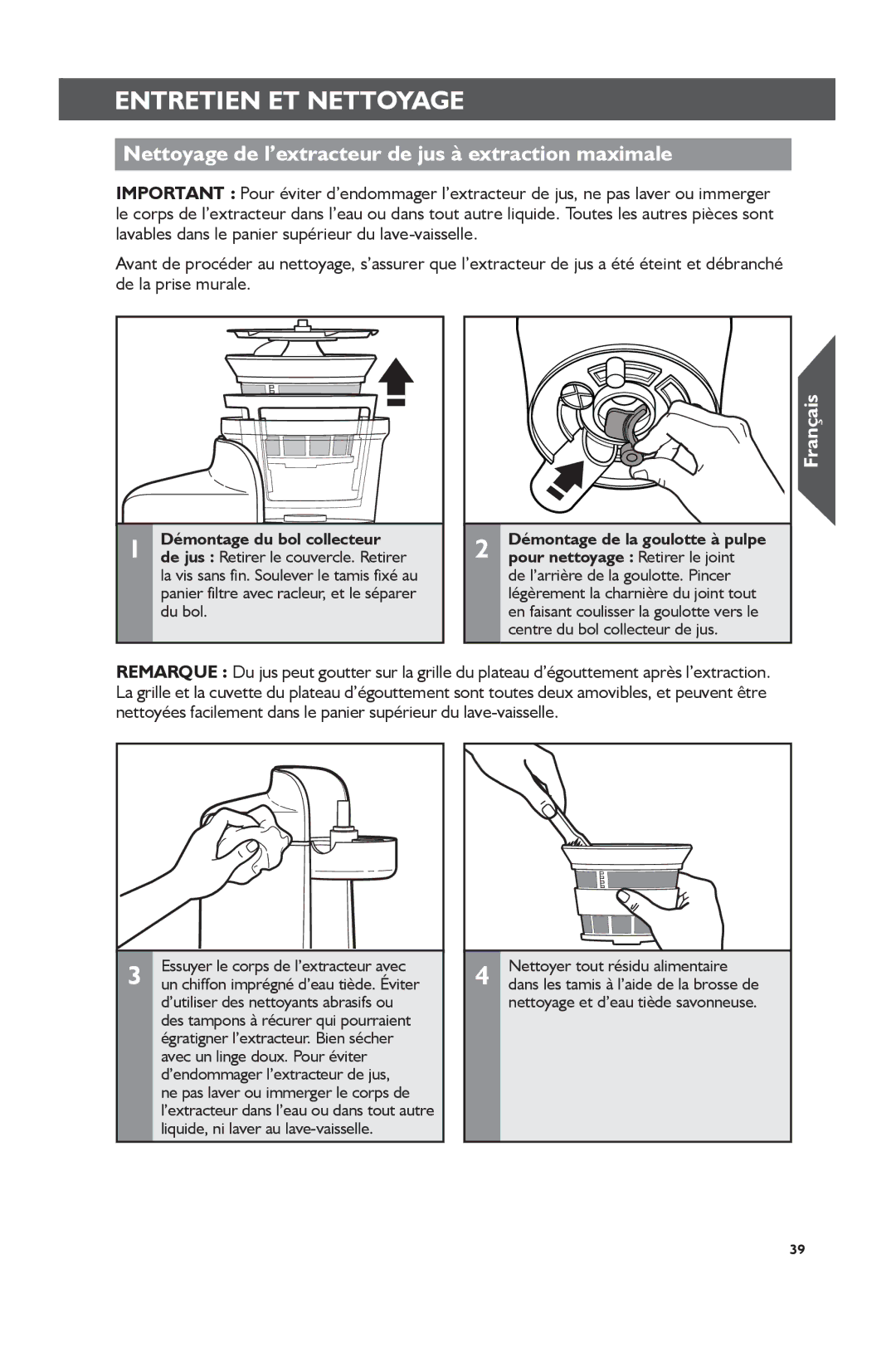 KitchenAid KVJ0111 manual Entretien ET Nettoyage, Nettoyage de l’extracteur de jus à extraction maximale 