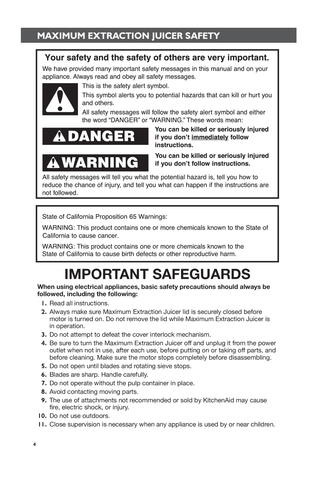 KitchenAid KVJ0111 manual Important Safeguards, Maximum Extraction Juicer Safety 