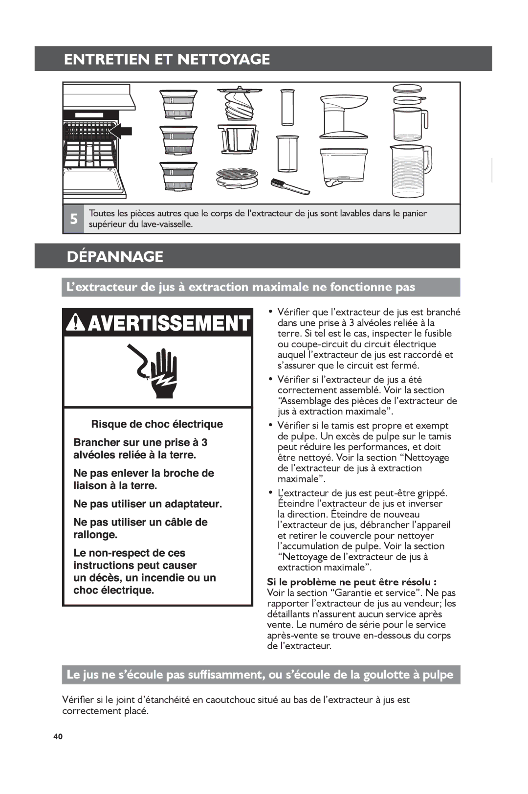 KitchenAid KVJ0111 manual Dépannage, ’extracteur de jus à extraction maximale ne fonctionne pas 