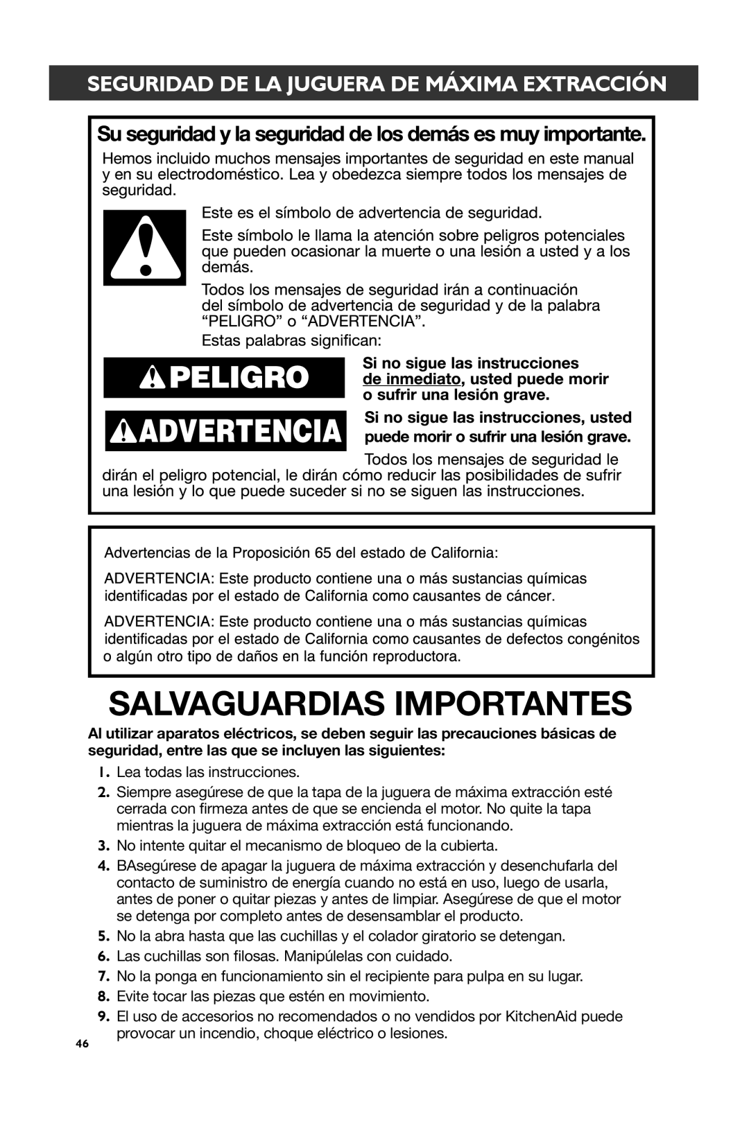 KitchenAid KVJ0111 manual Seguridad DE LA Juguera DE Máxima Extracción 