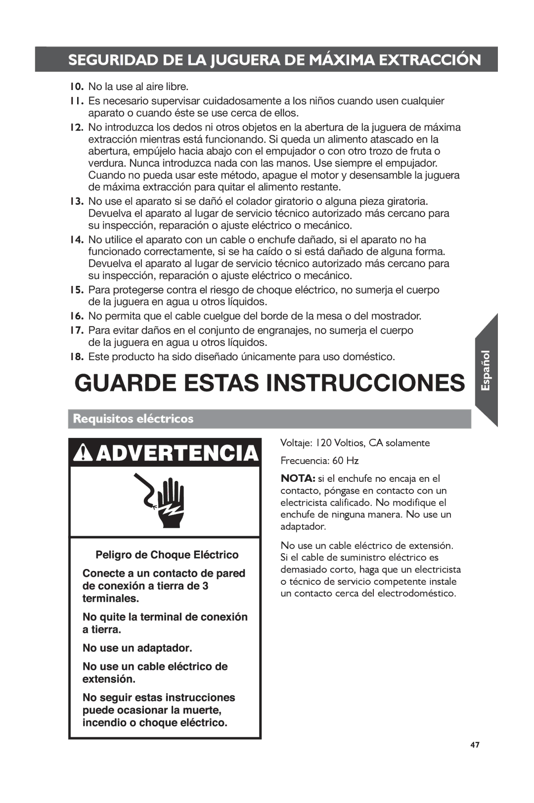 KitchenAid KVJ0111 manual Guarde Estas Instrucciones, Requisitos eléctricos 