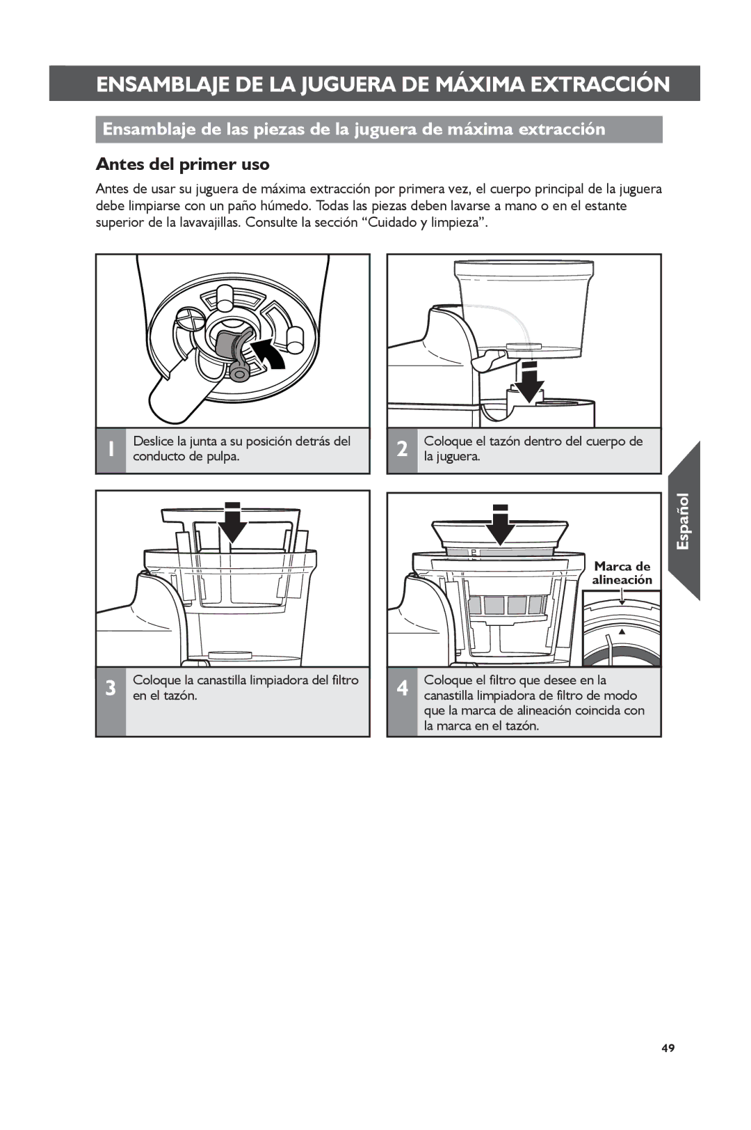 KitchenAid KVJ0111 manual Ensamblaje DE LA Juguera DE Máxima Extracción, Antes del primer uso 