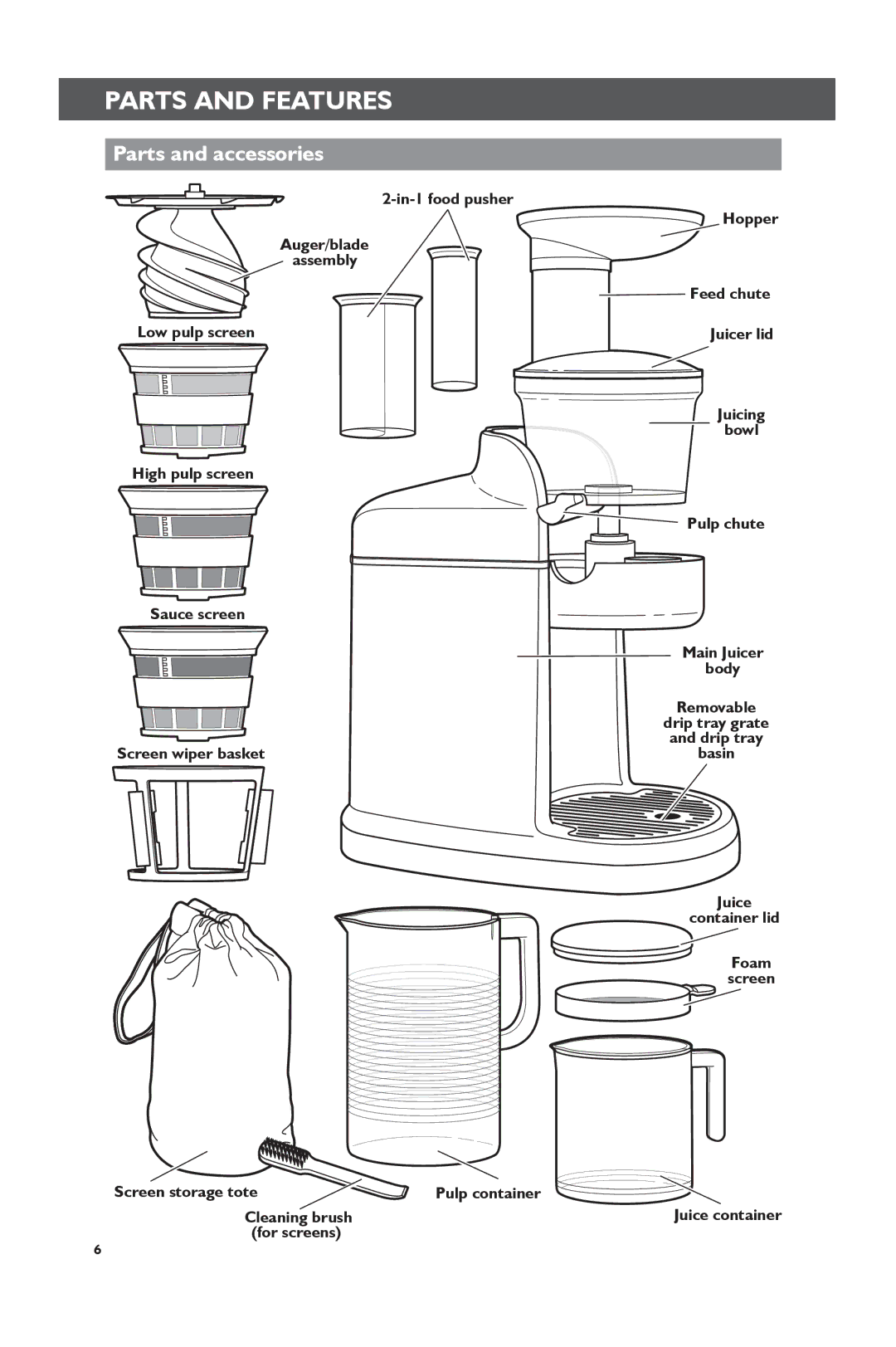 KitchenAid KVJ0111 manual Parts and Features, Parts and accessories 