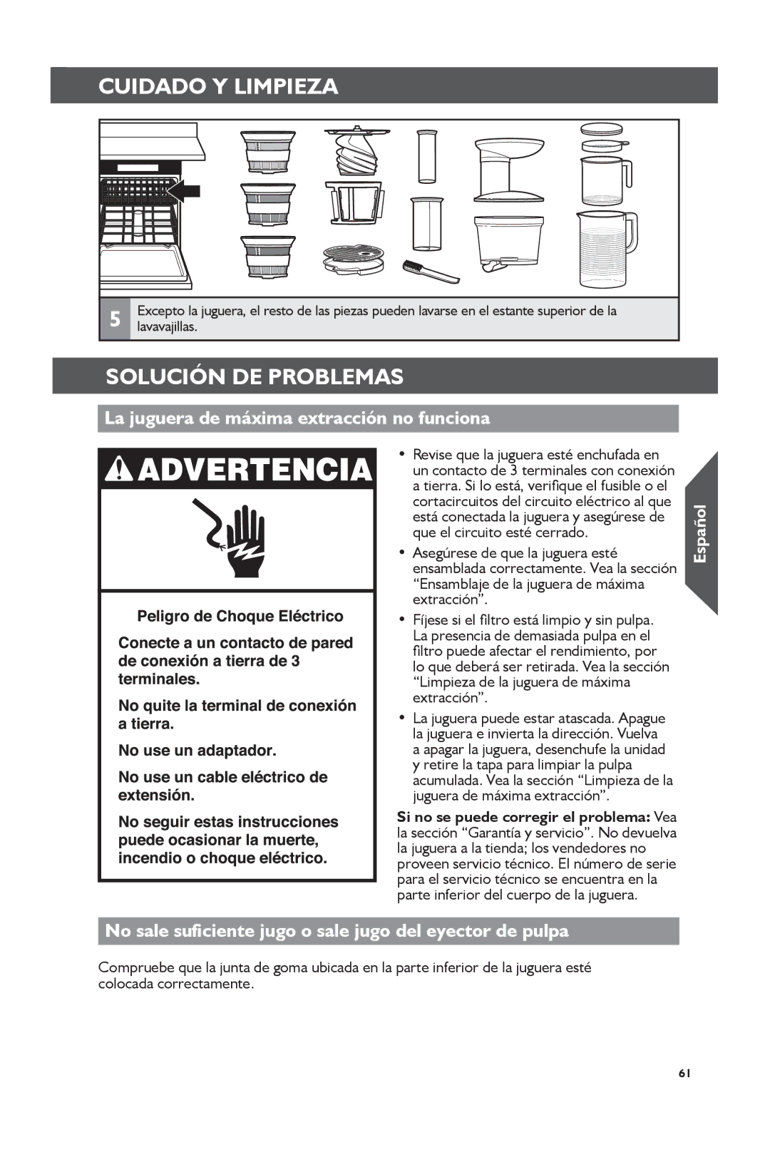 KitchenAid KVJ0111 manual Solución DE Problemas, La juguera de máxima extracción no funciona 