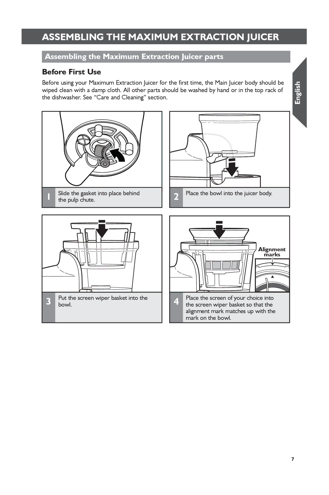 KitchenAid KVJ0111 manual Assembling the Maximum Extraction Juicer parts, Before First Use 