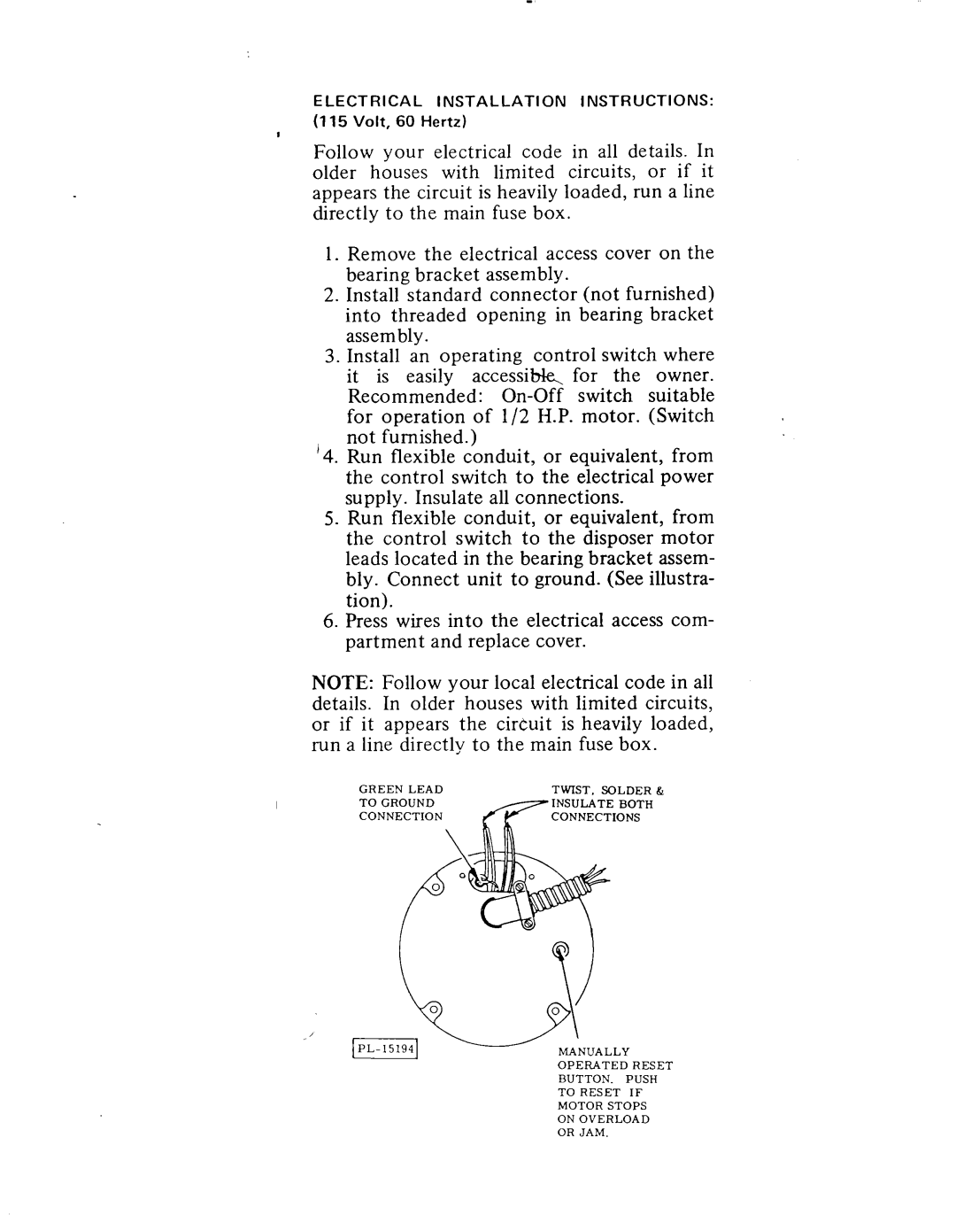 KitchenAid KWC-200 installation instructions Electrical Installation Instructions 115 Volt, 60 Hertz 