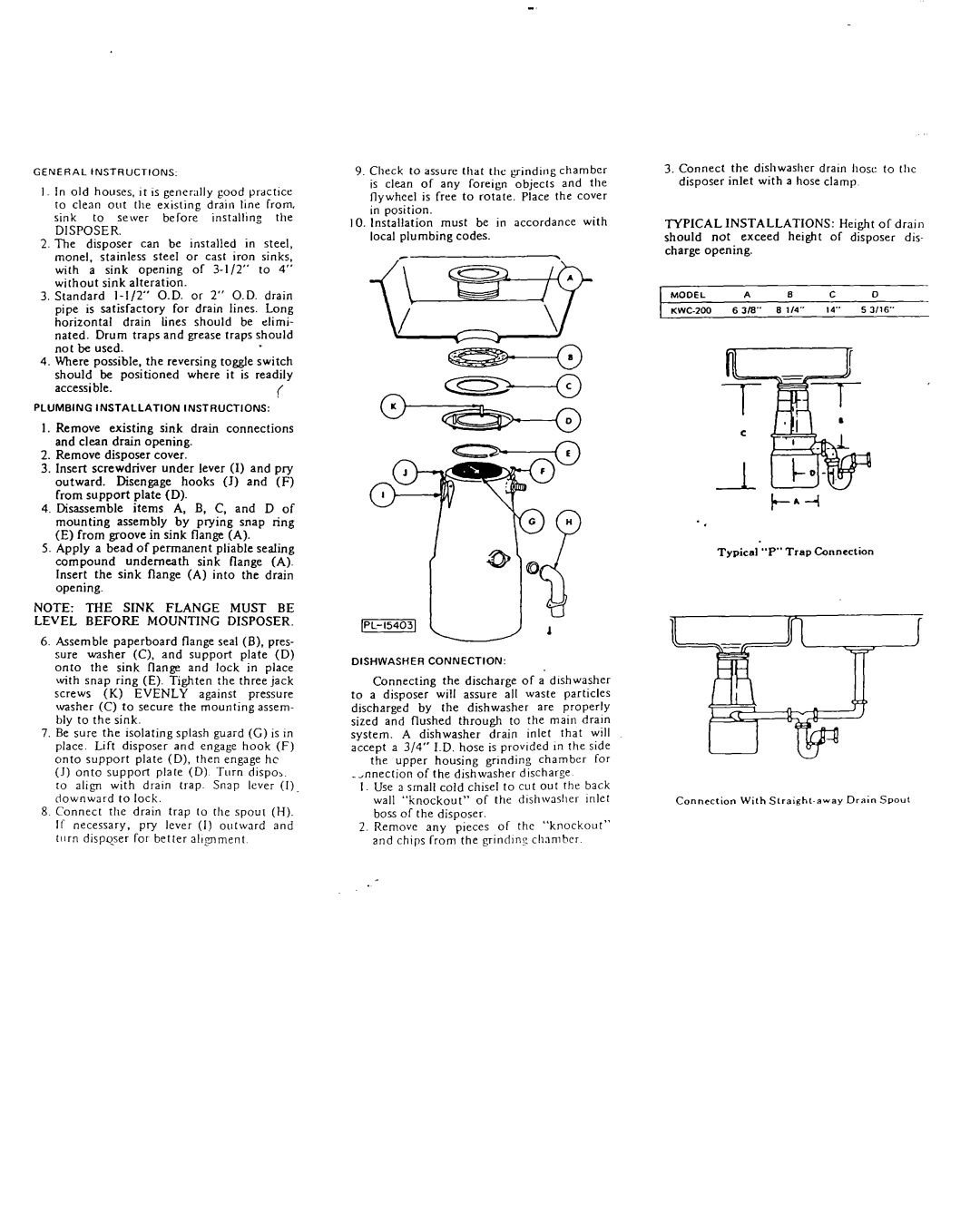 KitchenAid KWC-200 installation instructions Disposer 