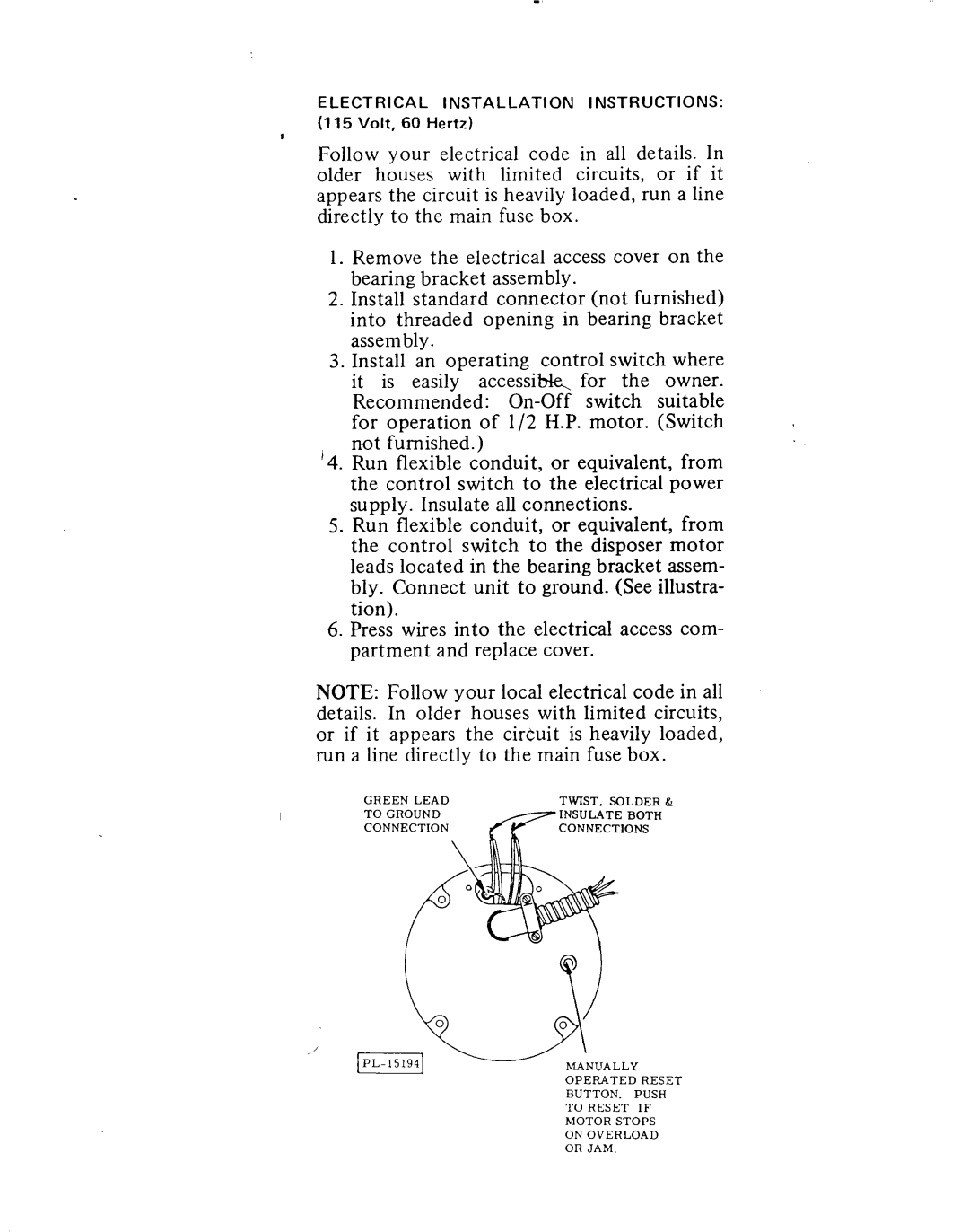 KitchenAid KWC-200 installation instructions Remove the electrical access cover on the bearing bracket assembly 