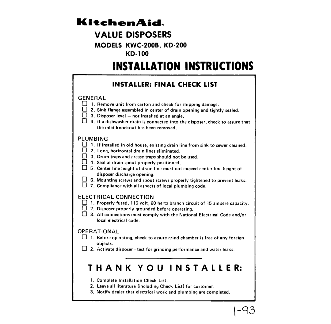 KitchenAid KD-200, KD-100 installation instructions Plumbing, Electrical Connection, Operational, Installationinstructions 