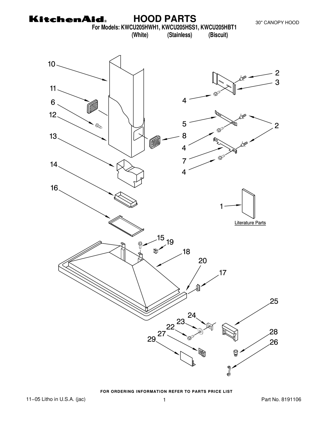 KitchenAid KWCU205HSS1, KWCU205HWH1, KWCU205HBT1 manual Hood Parts 