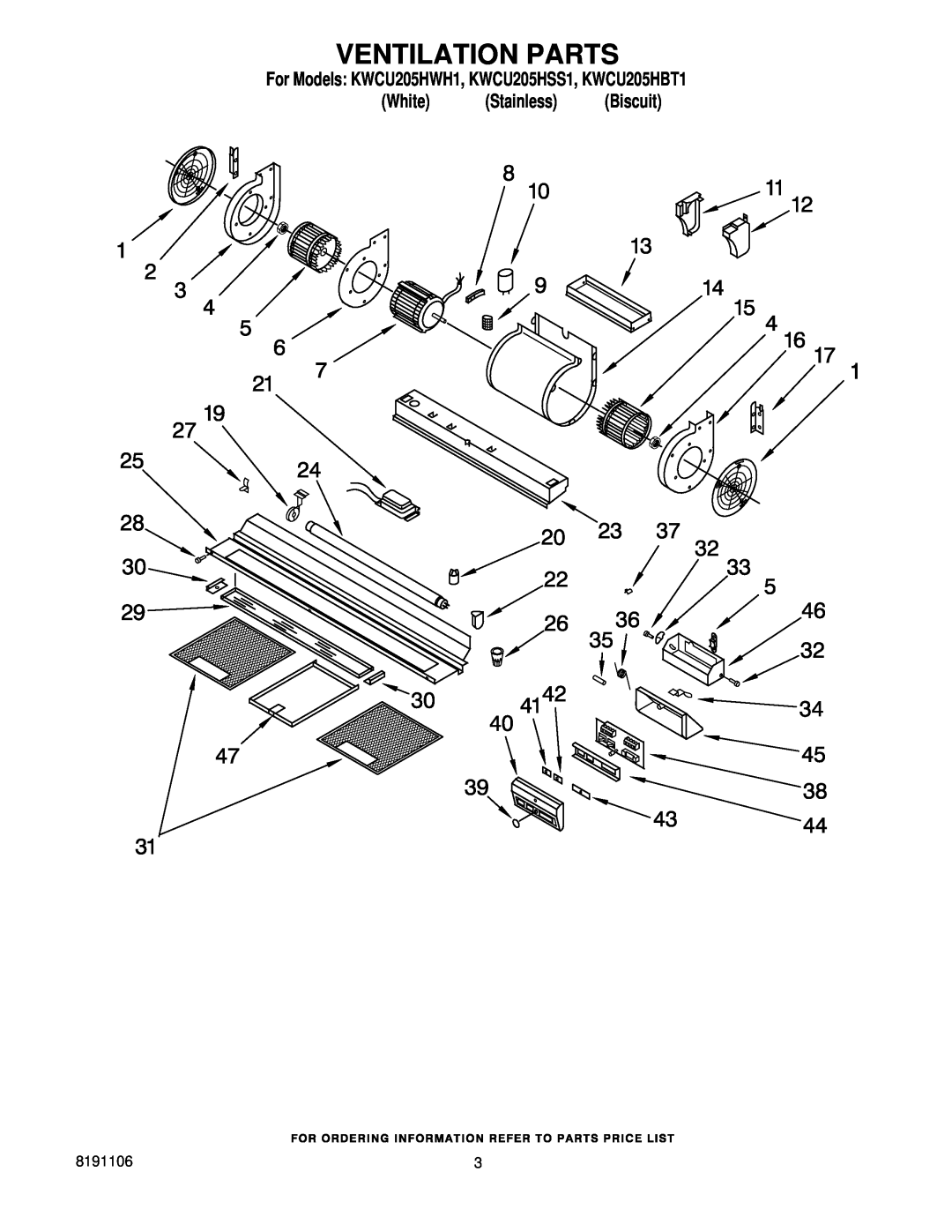 KitchenAid manual Ventilation Parts, For Models KWCU205HWH1, KWCU205HSS1, KWCU205HBT1, White Stainless Biscuit 