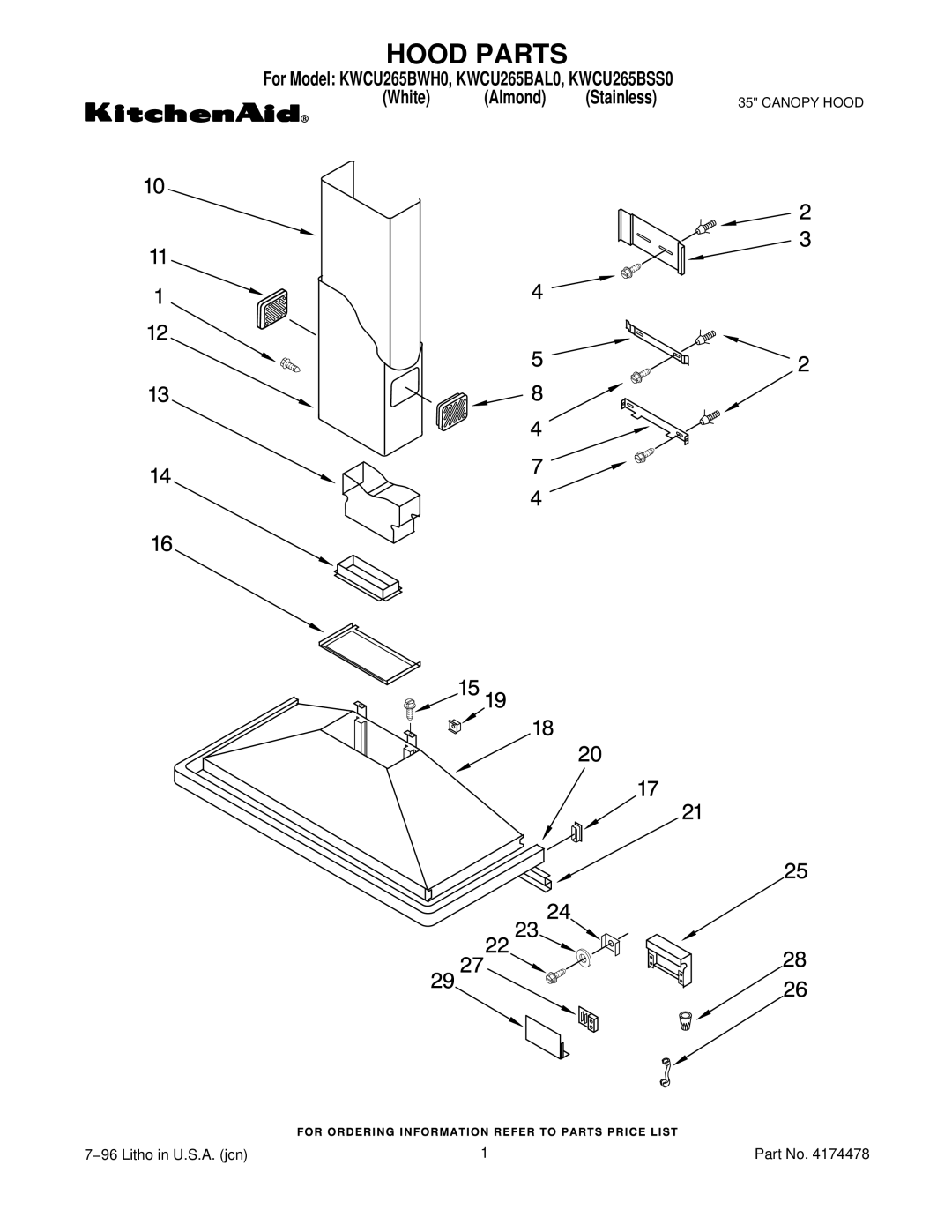 KitchenAid KWCU265BAL0, KWCU265BSS0, KWCU265BWH0 manual Hood Parts 