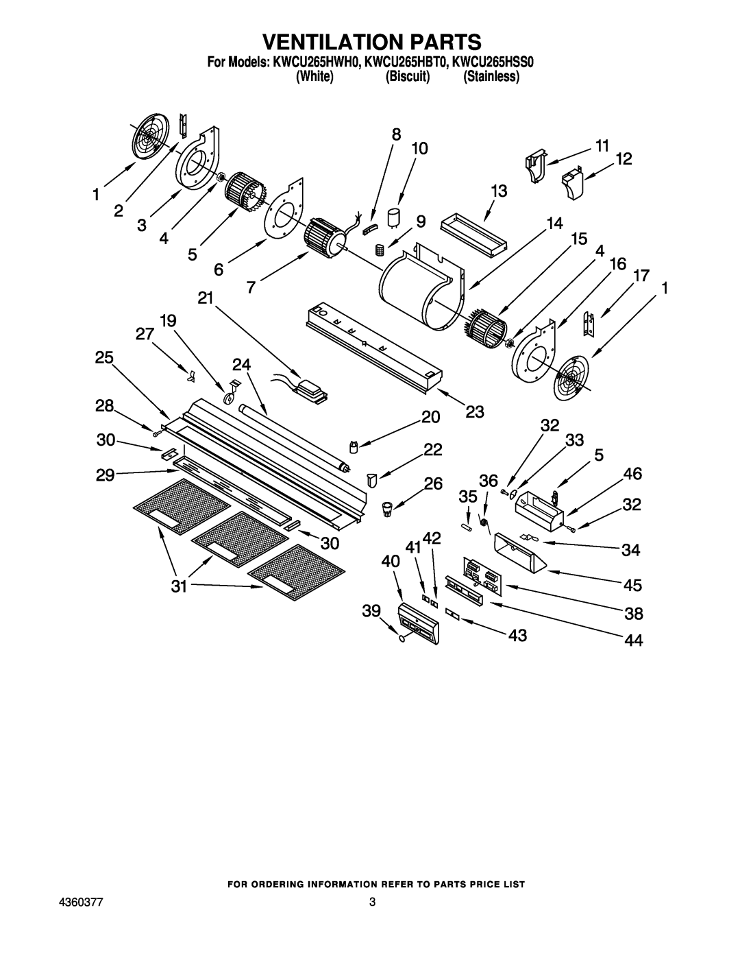 KitchenAid manual Ventilation Parts, For Models KWCU265HWH0, KWCU265HBT0, KWCU265HSS0, White, Biscuit, Stainless 