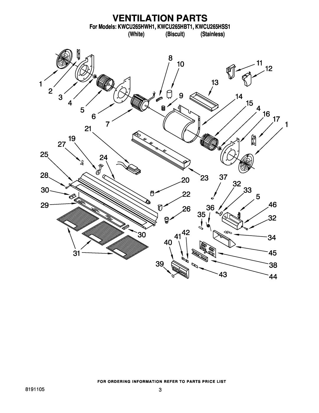 KitchenAid manual Ventilation Parts, For Models KWCU265HWH1, KWCU265HBT1, KWCU265HSS1, White Biscuit Stainless 