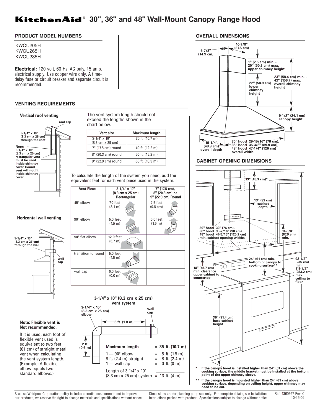 KitchenAid KWCU205H dimensions 30, 36 and 48 Wall-Mount Canopy Range Hood, Product Model Numbers Overall Dimensions 