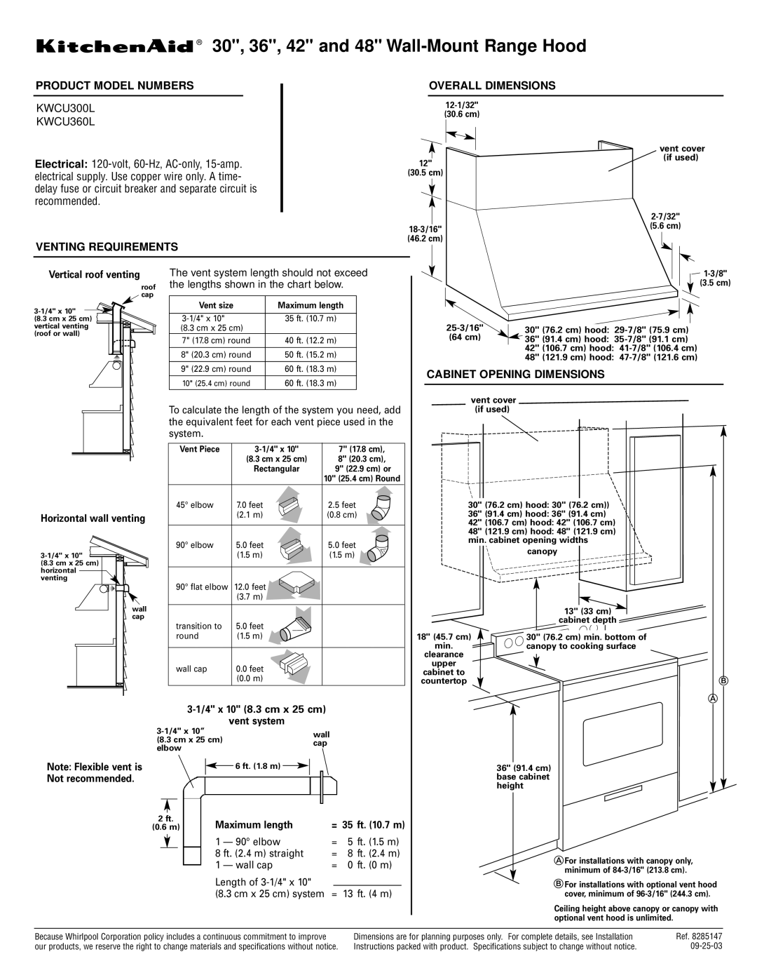 KitchenAid KWCU300L dimensions Product Model Numbers, Overall Dimensions, Venting Requirements, Cabinet Opening Dimensions 