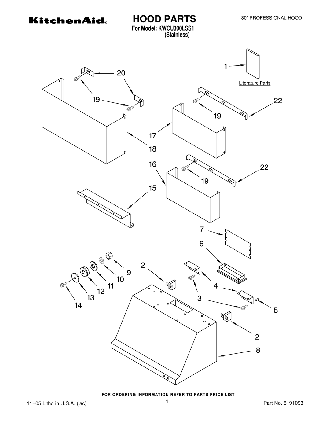 KitchenAid KWCU300LSS1 manual Hood Parts 