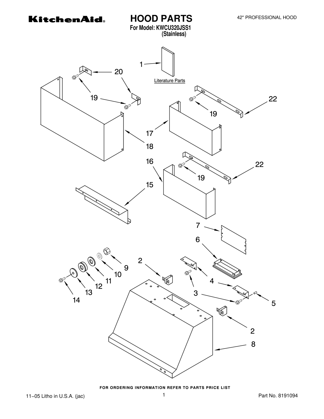 KitchenAid KWCU320JSS1 manual Hood Parts 