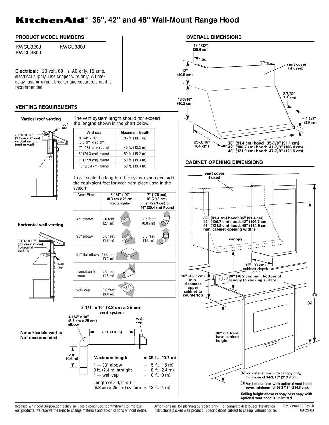 KitchenAid KWCU320J dimensions Product Model Numbers, Overall Dimensions, Venting Requirements, Cabinet Opening Dimensions 