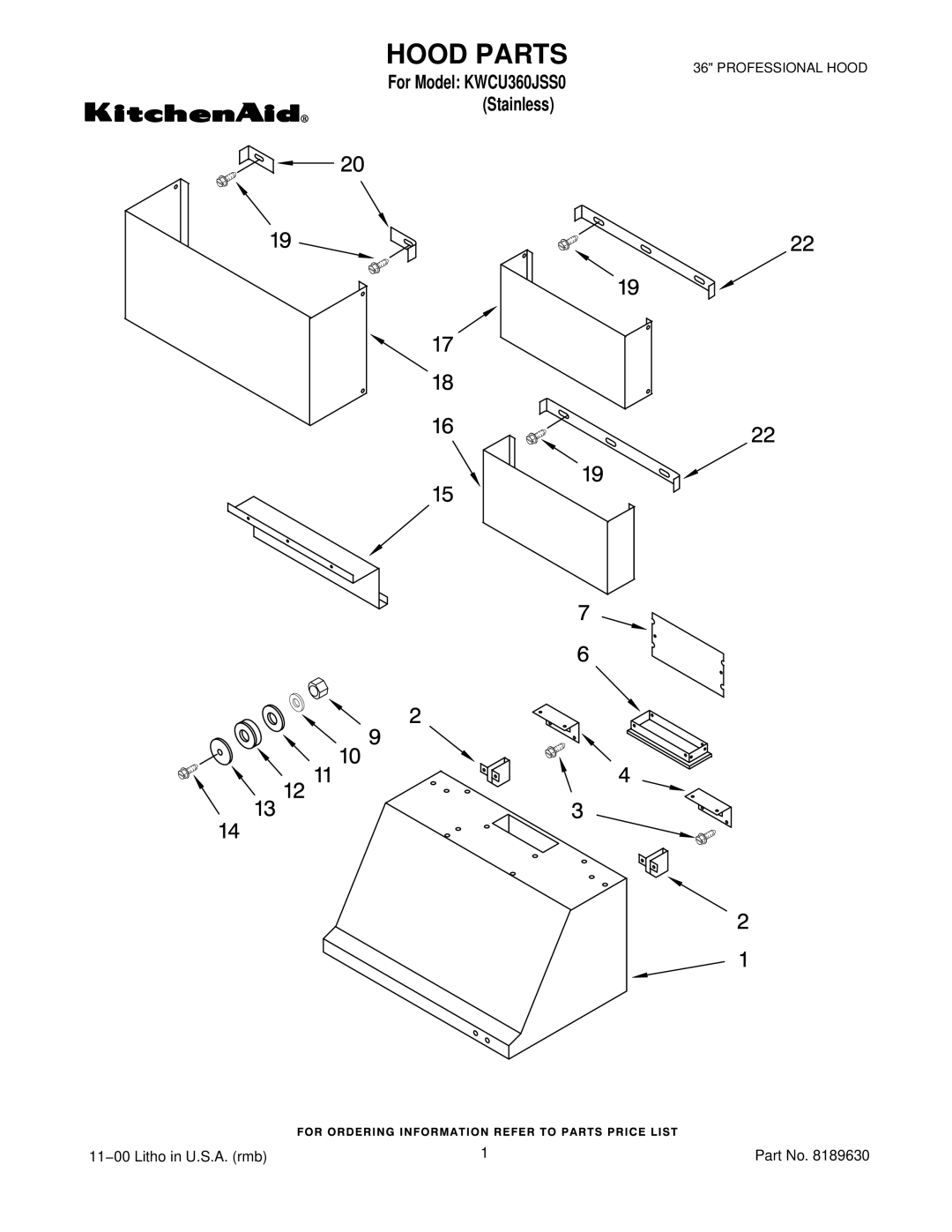 KitchenAid KWCU360JSS0 manual Hood Parts 