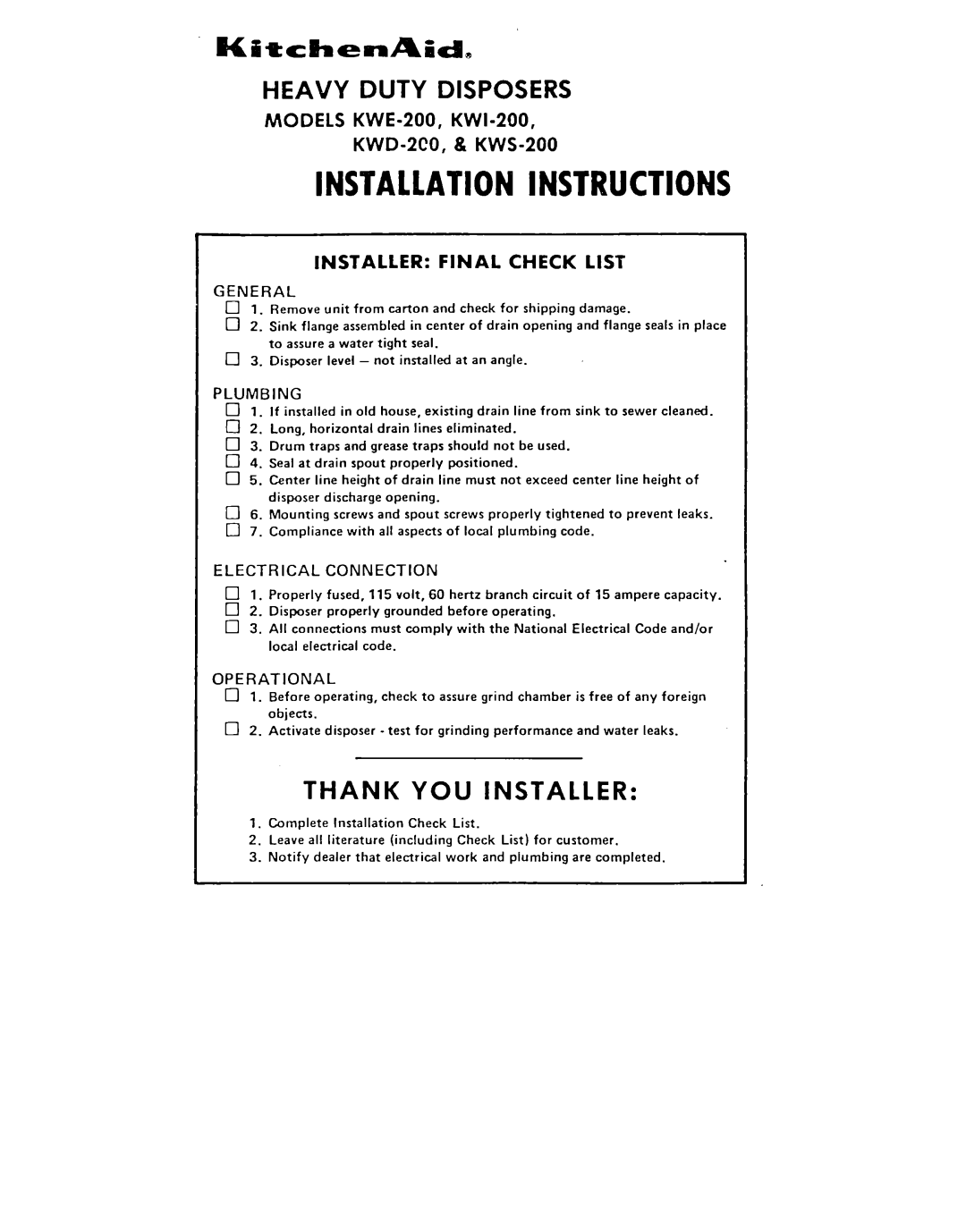 KitchenAid KWE-200, KWS-200, KWI-200, KWD-2C0 installation instructions Installationinstructions 