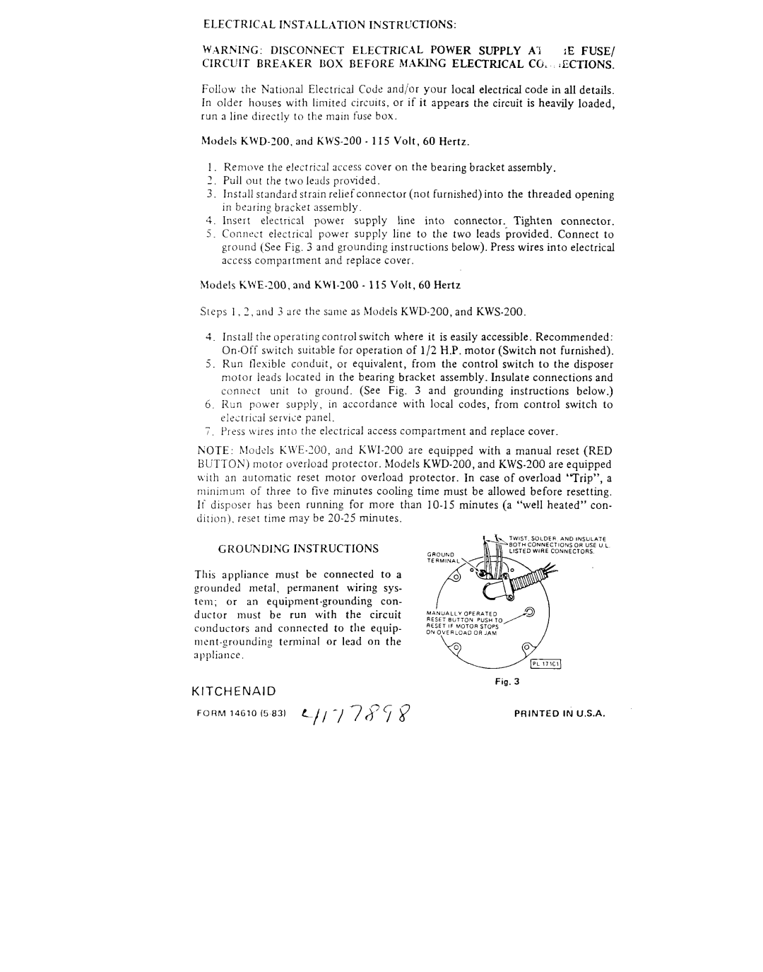 KitchenAid KWS-200, KWE-200, KWI-200, KWD-2C0 installation instructions Grounding Instructions 