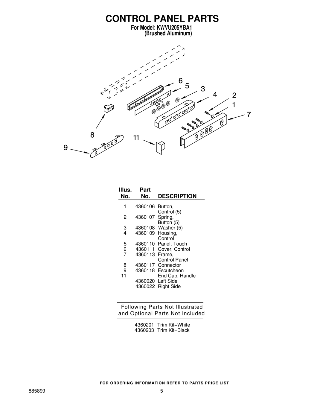 KitchenAid KWVU205YBA1 manual Control Panel Parts 