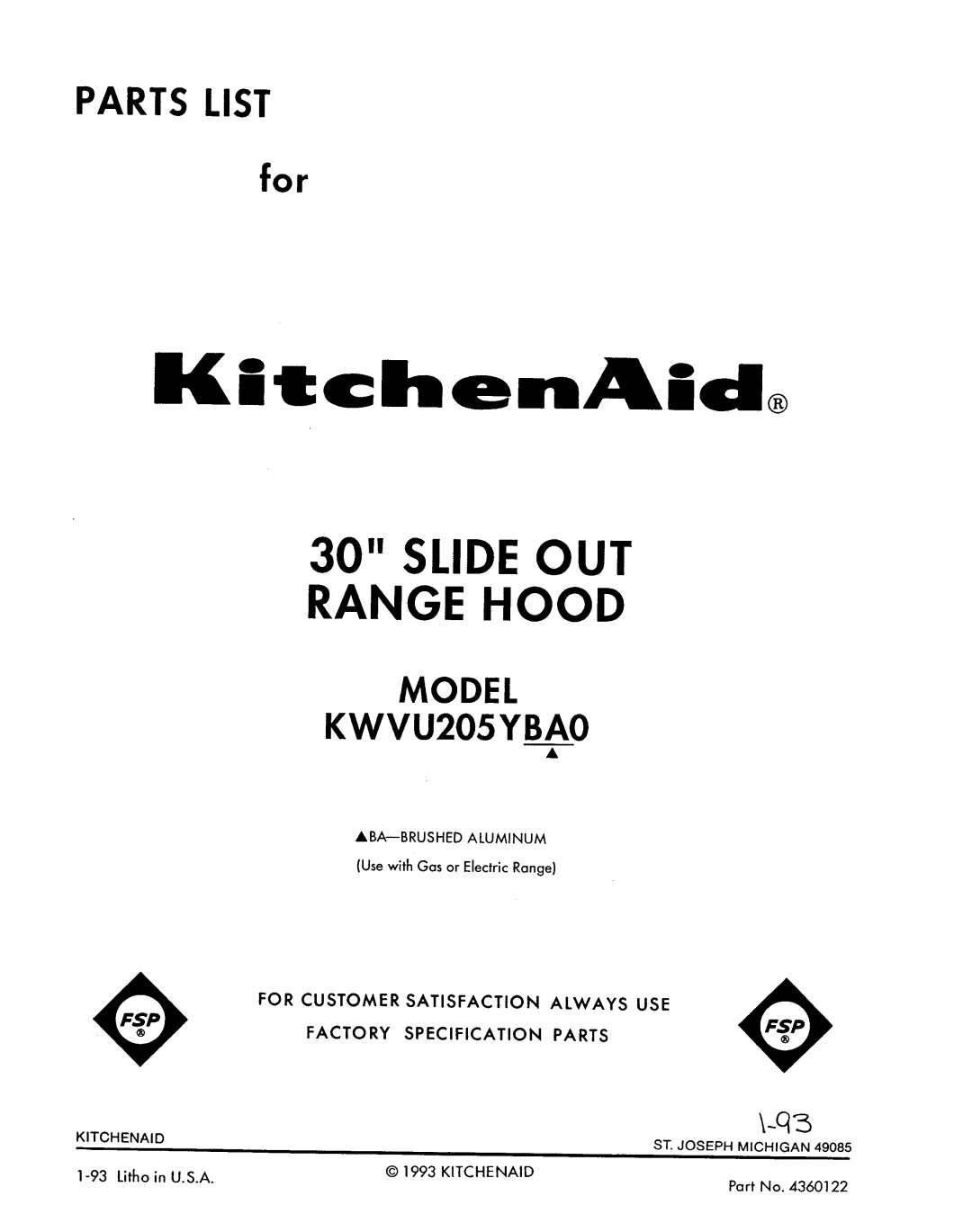 KitchenAid KWVU205YBAO manual 