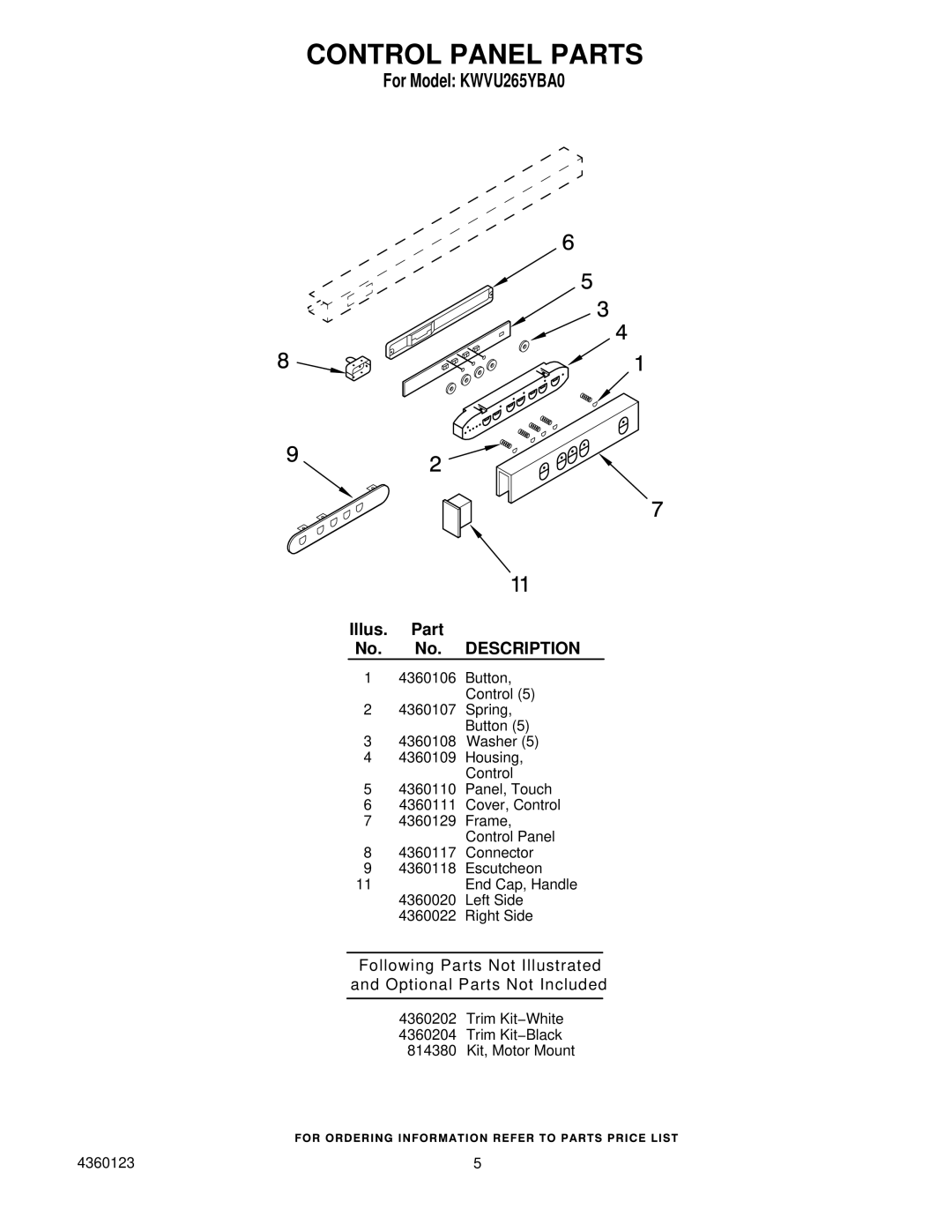 KitchenAid KWVU265YBA0 manual Control Panel Parts 