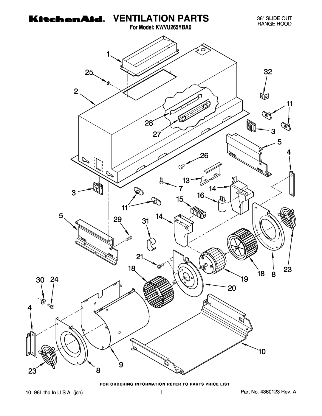 KitchenAid manual For Model KWVU265YBA0, Ventilation Parts, Part No. 4360123 Rev. A 
