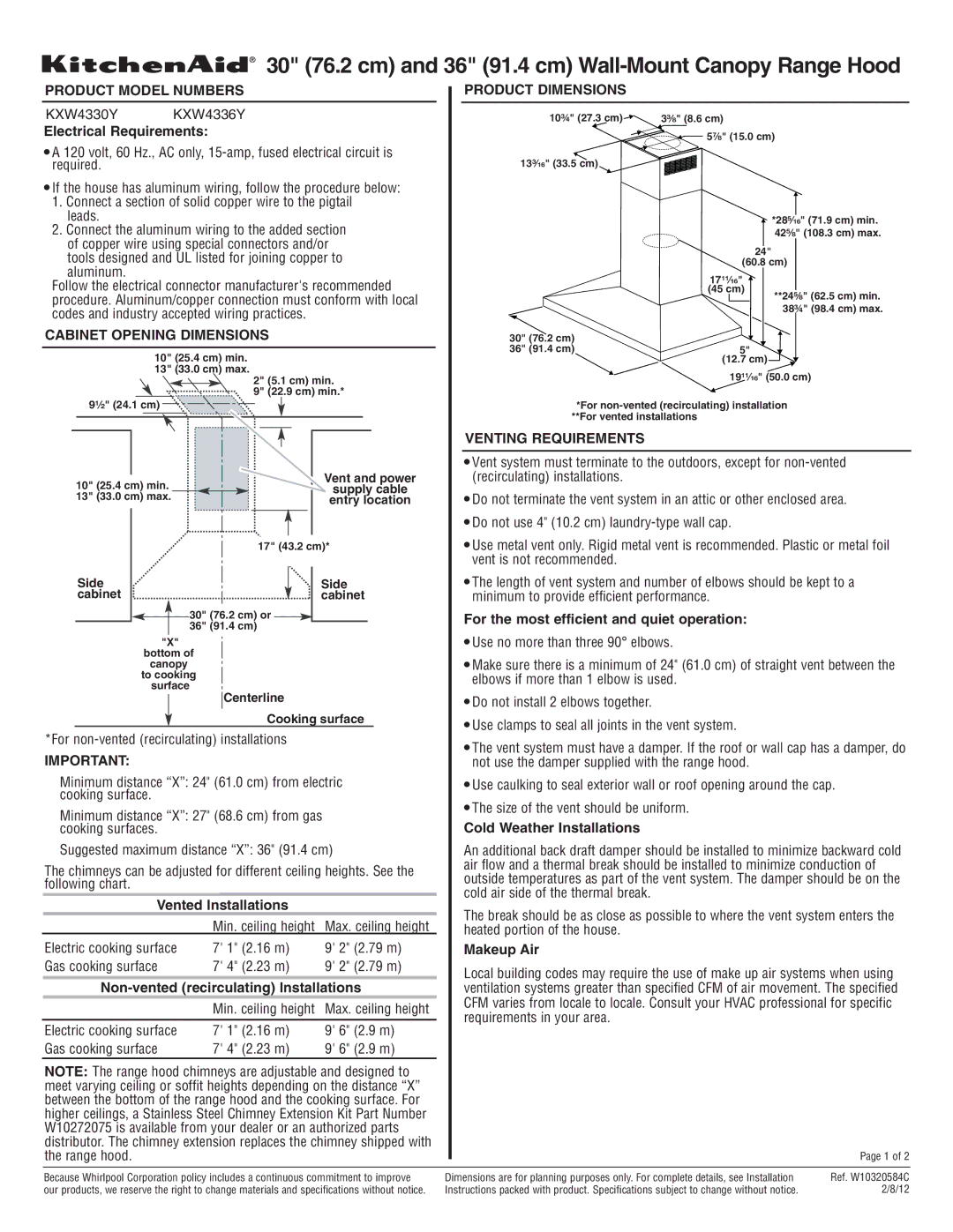 KitchenAid KXW4330Y, KXW4336Y specifications Product Model Numbers, Cabinet Opening Dimensions, Product Dimensions 