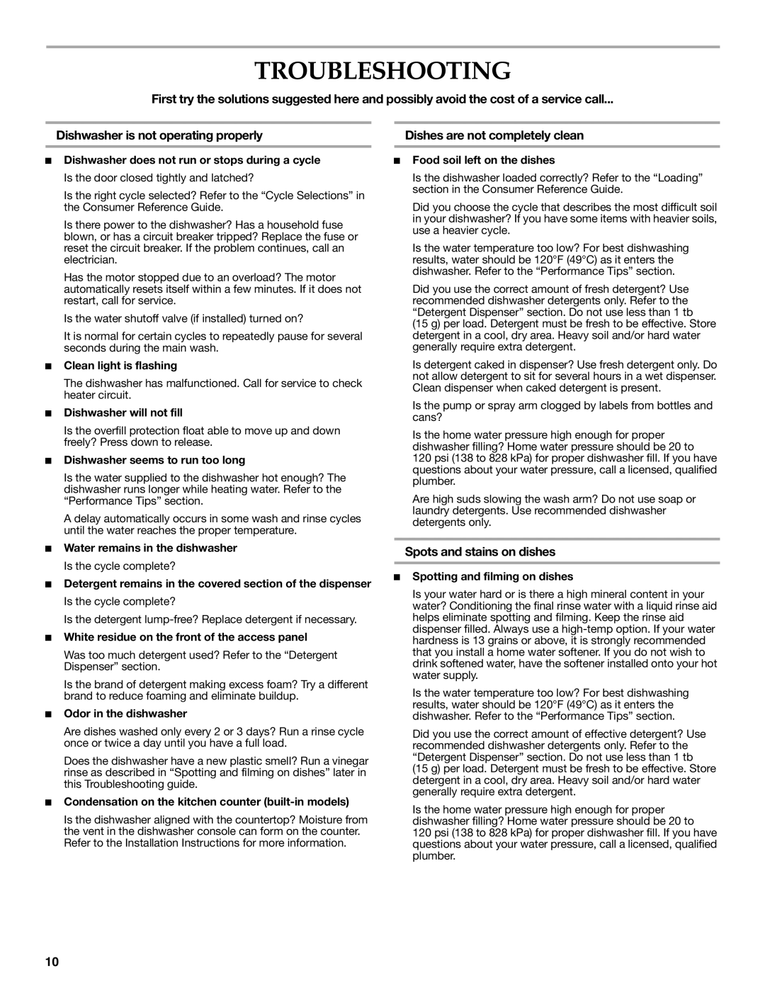 KitchenAid LAVE-VAISSELLE warranty Troubleshooting, Dishes are not completely clean, Spots and stains on dishes 