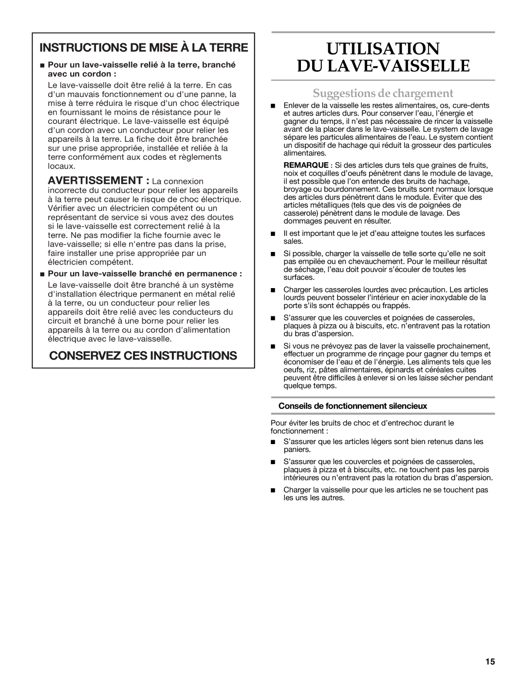 KitchenAid Utilisation DU LAVE-VAISSELLE, Suggestions de chargement, Pour un lave-vaisselle branché en permanence 