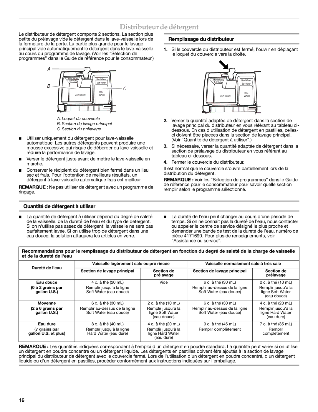 KitchenAid LAVE-VAISSELLE warranty Distributeur de détergent, Remplissage du distributeur, Quantité de détergent à utiliser 