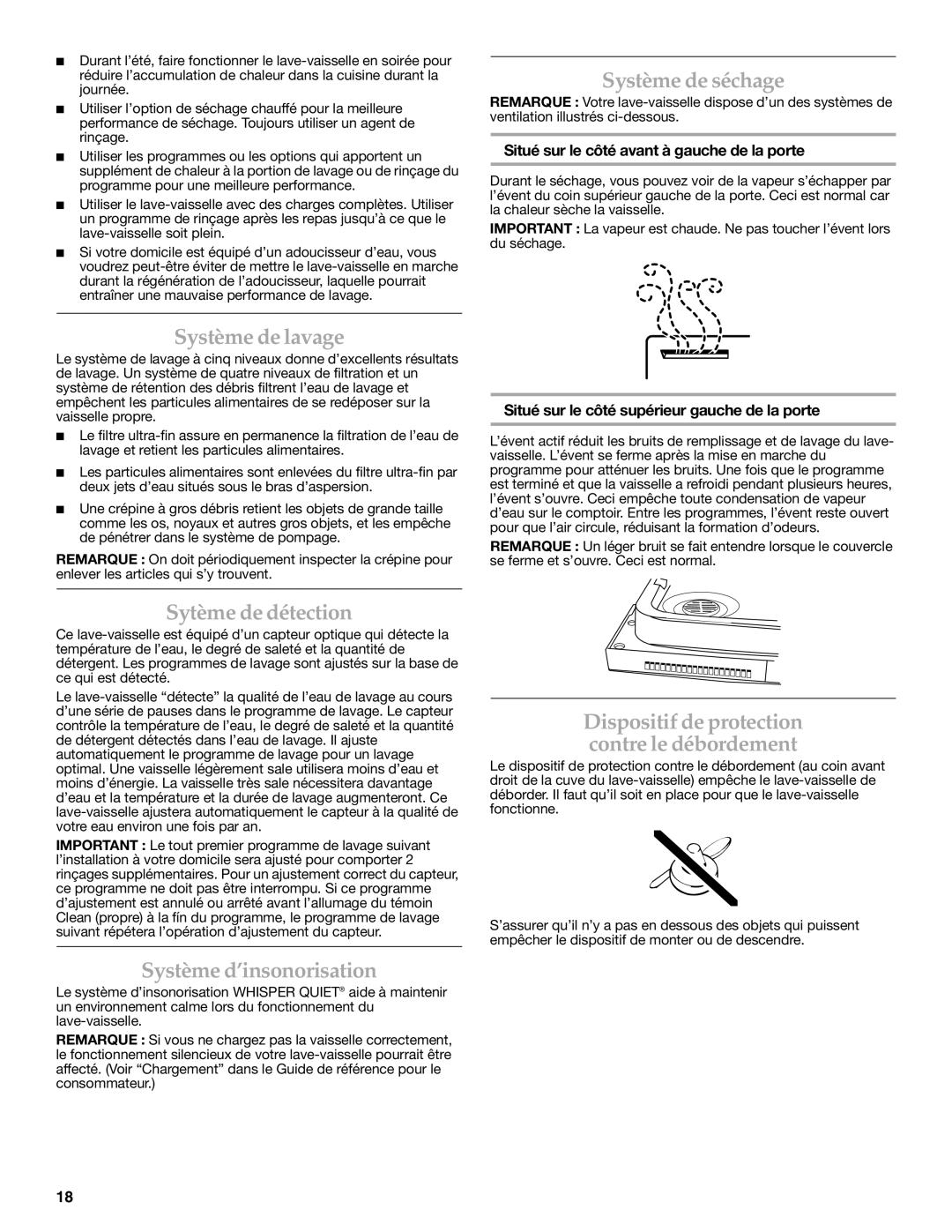 KitchenAid LAVE-VAISSELLE warranty Système de lavage, Sytème de détection, Système d’insonorisation, Système de séchage 