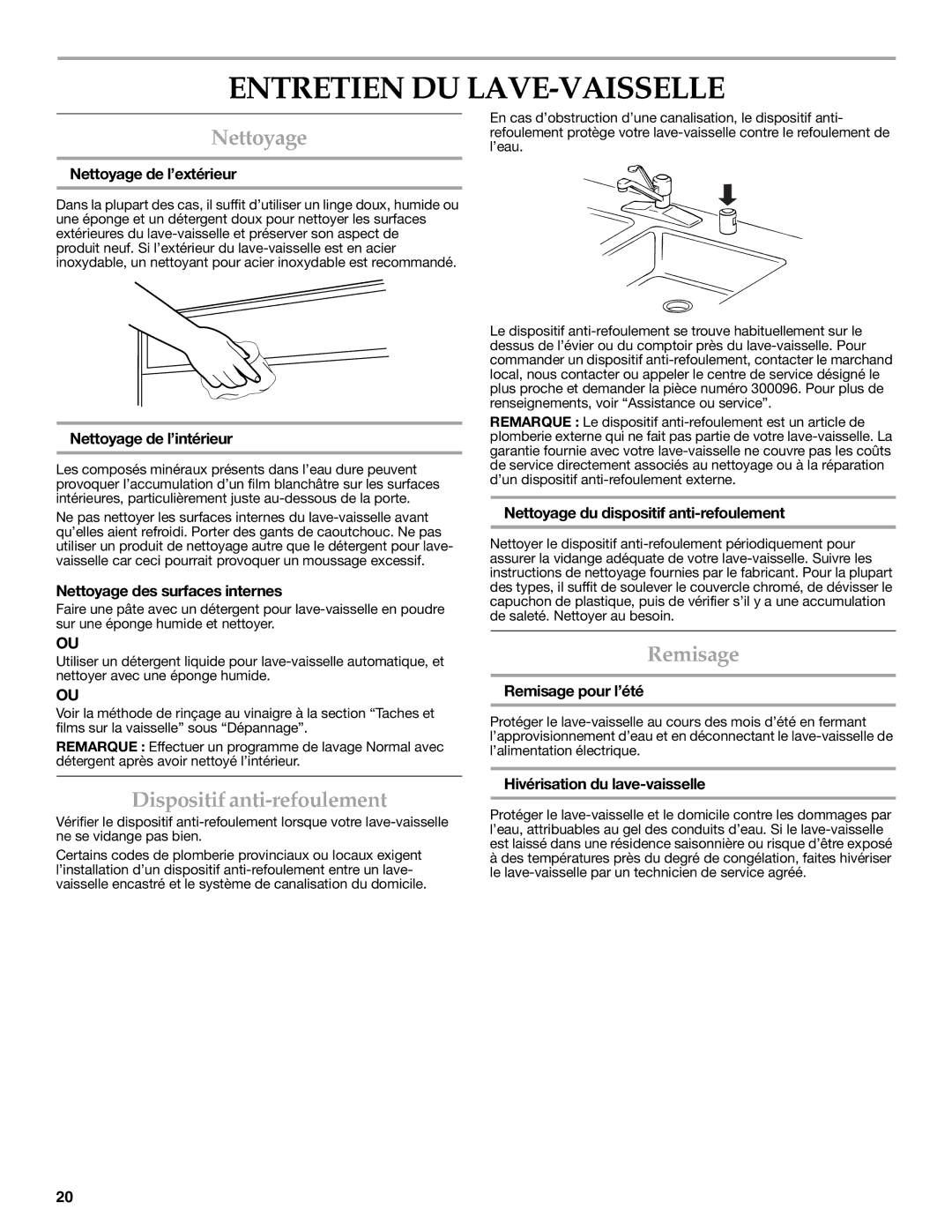 KitchenAid warranty Entretien DU LAVE-VAISSELLE, Nettoyage, Dispositif anti-refoulement, Remisage 