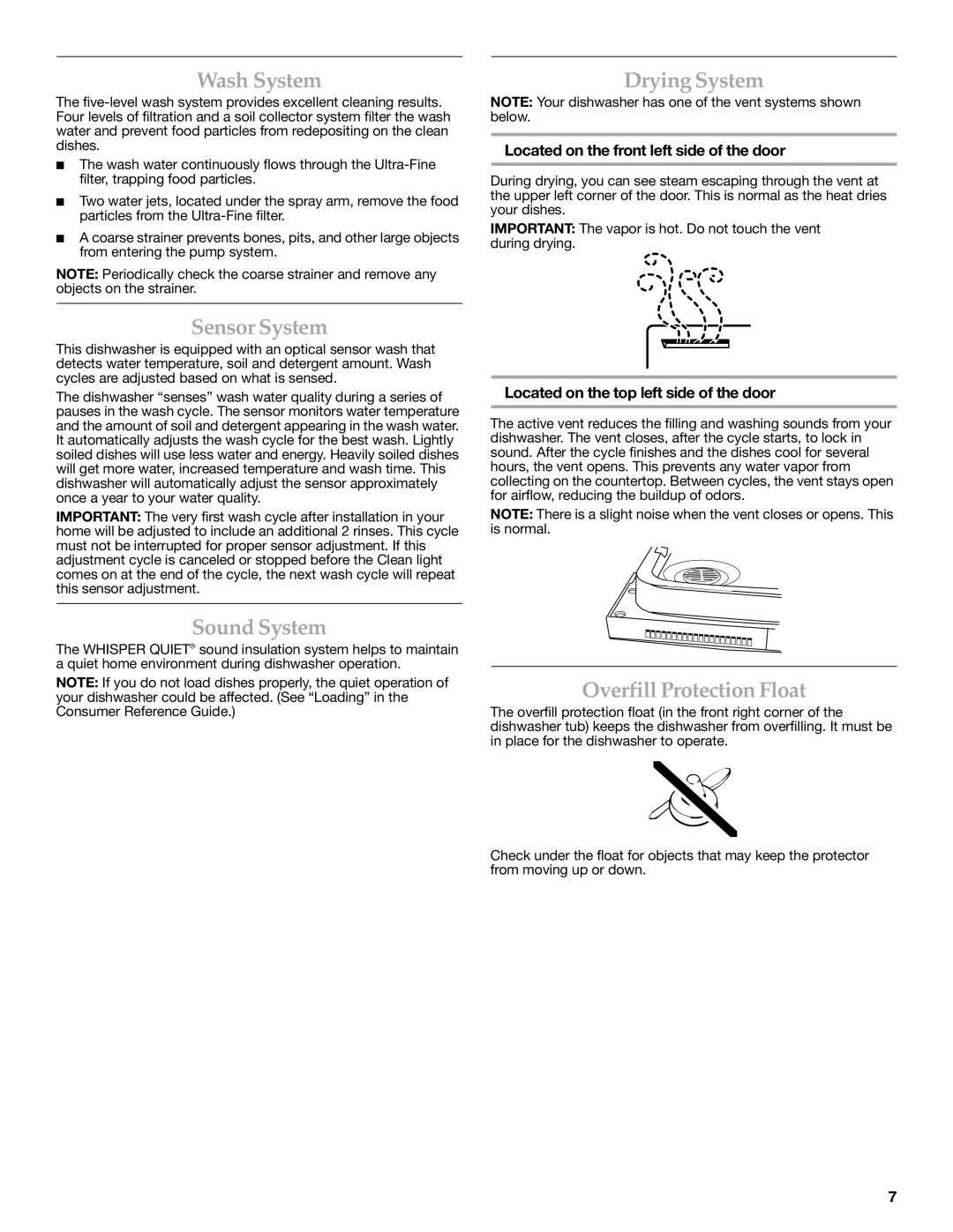 KitchenAid LAVE-VAISSELLE warranty Wash System, Sensor System, Sound System, Drying System, Overfill Protection Float 