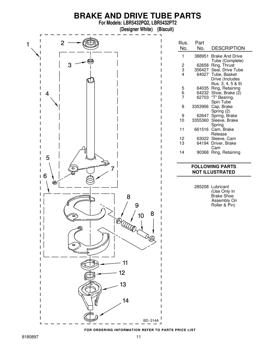 KitchenAid LBR5432PQ2, LBR5432PT2 manual Brake and Drive Tube Parts 