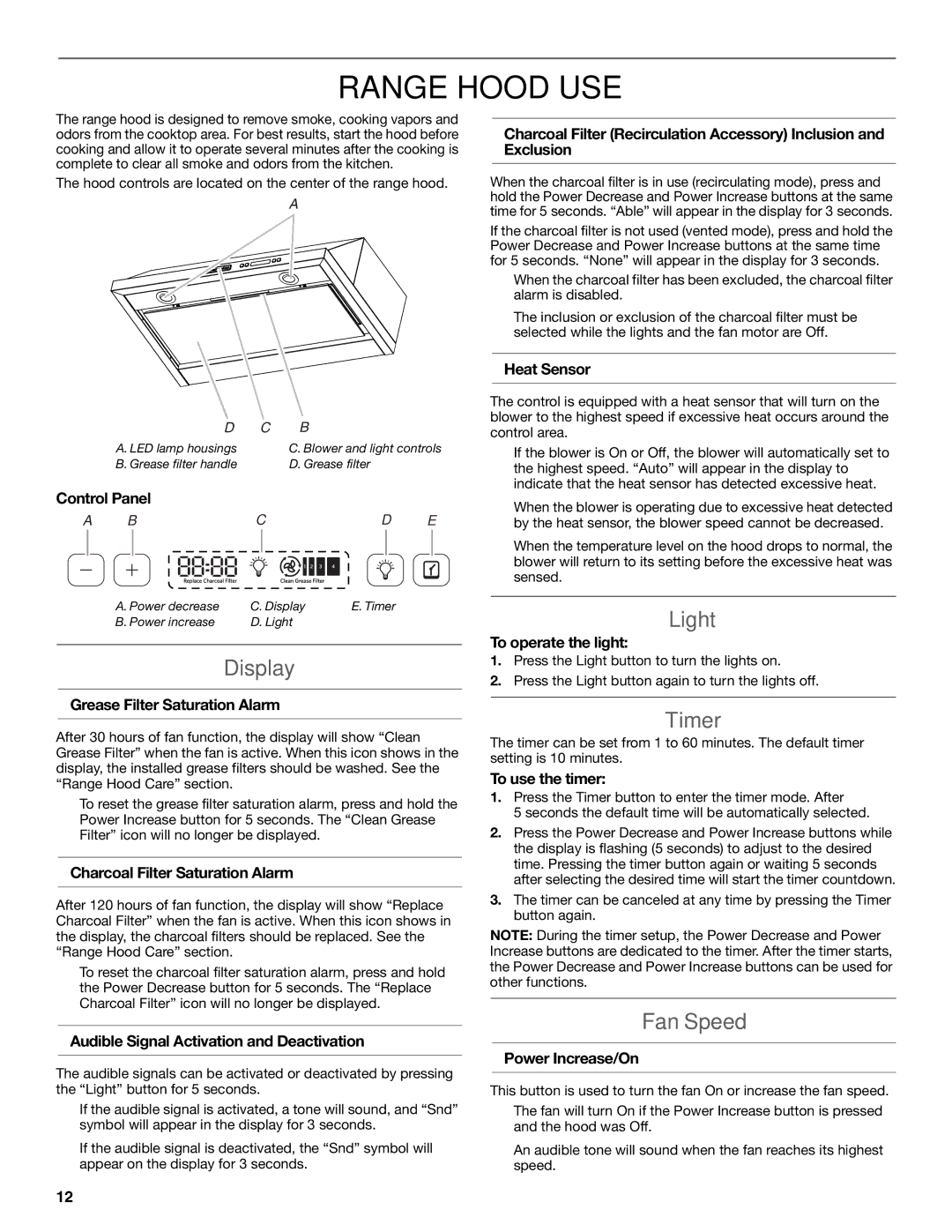 KitchenAid LI32NA/W10674120B installation instructions Range Hood USE, Display, Light, Timer, Fan Speed 