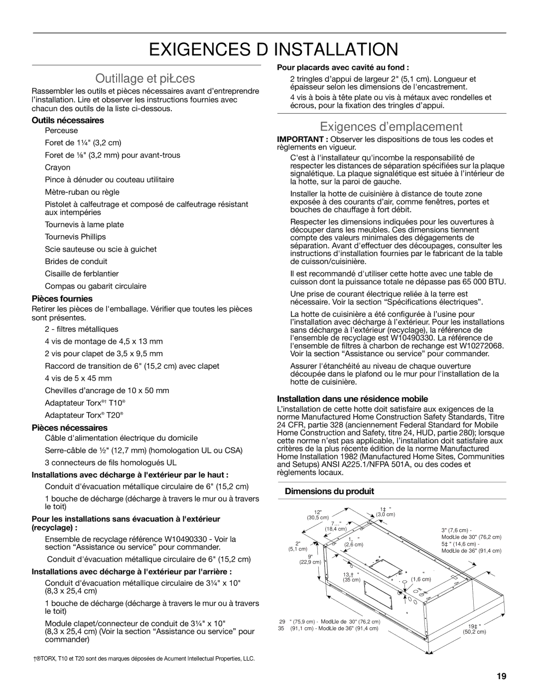 KitchenAid LI32NA/W10674120B Exigences D’INSTALLATION, Outillage et pièces, Exigences demplacement 