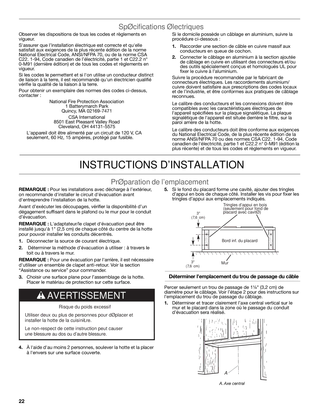 KitchenAid LI32NA/W10674120B Instructions Dinstallation, Spécifications électriques, Préparation de lemplacement 