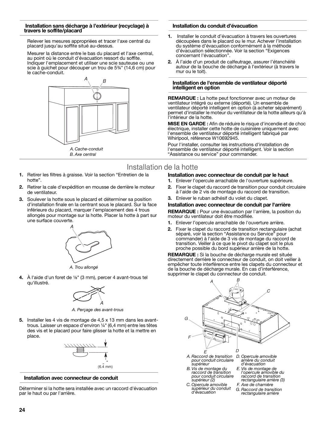 KitchenAid LI32NA/W10674120B installation instructions Installation de la hotte, Installation du conduit d’évacuation 