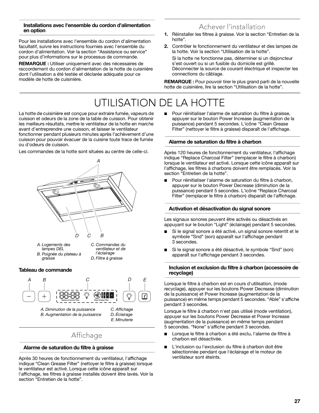 KitchenAid LI32NA/W10674120B installation instructions Utilisation DE LA Hotte, Achever l’installation, Affichage 