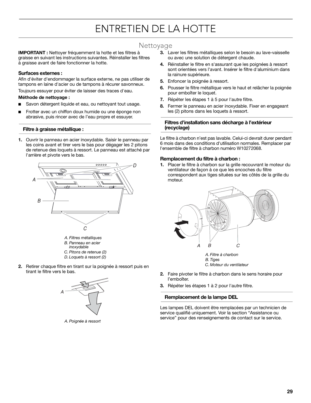 KitchenAid LI32NA/W10674120B installation instructions Entretien DE LA Hotte, Nettoyage 