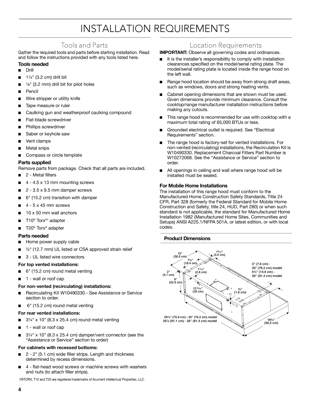 KitchenAid LI32NA/W10674120B installation instructions Installation Requirements, Tools and Parts, Location Requirements 