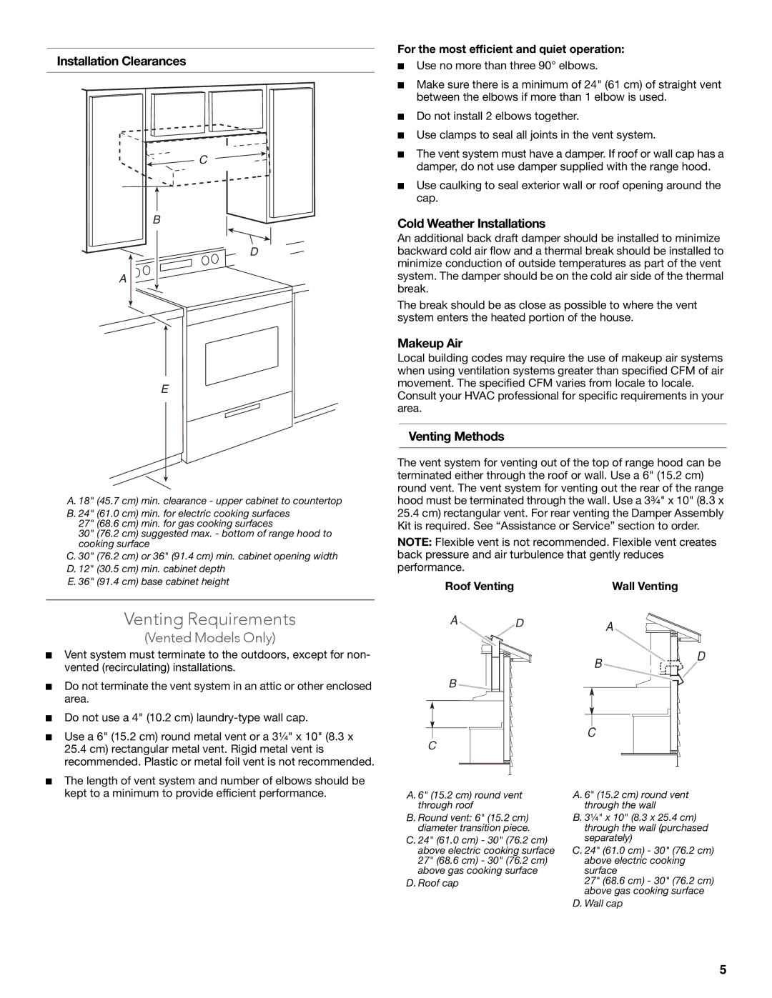 KitchenAid LI32NA/W10674120B Venting Requirements, Installation Clearances, Cold Weather Installations, Makeup Air 